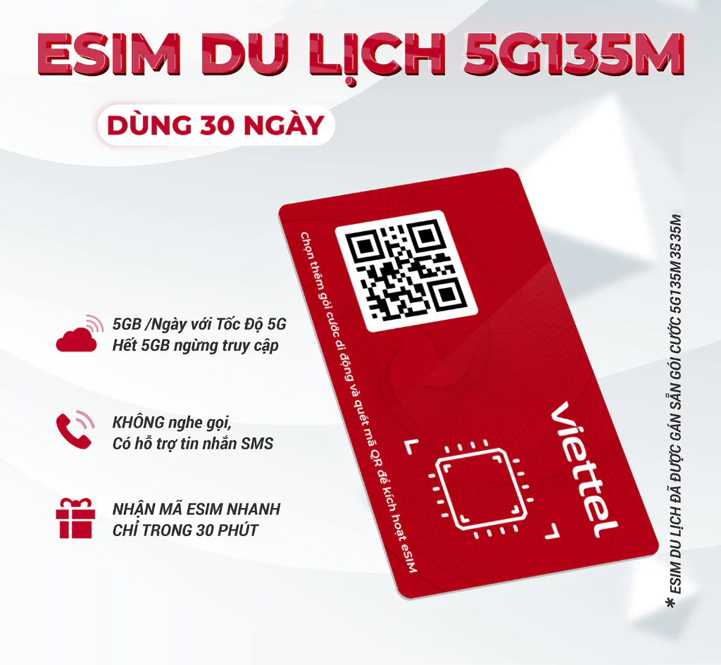 eSIM Du Lịch Viettel 1 Tháng – Internet Tốc Độ Cao, Quét mã Dùng Ngay Không ship 3 eSIM Du Lịch Viettel 1 Tháng